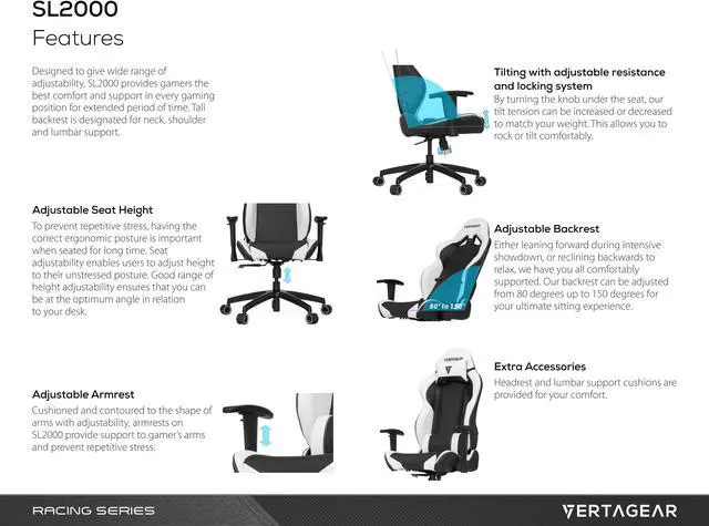 Alt view image 7 of 11 - Vertagear S-Line SL2000 Racing Series Gaming Chair - Black/Blue (Rev. 2)