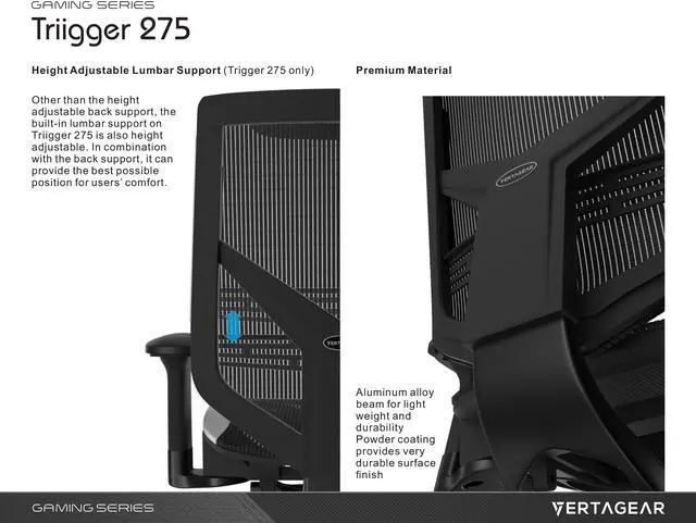 Alt view image 7 of 8 - Vertagear Gaming Series Triigger 275 Ergonomic Office Chair (White)