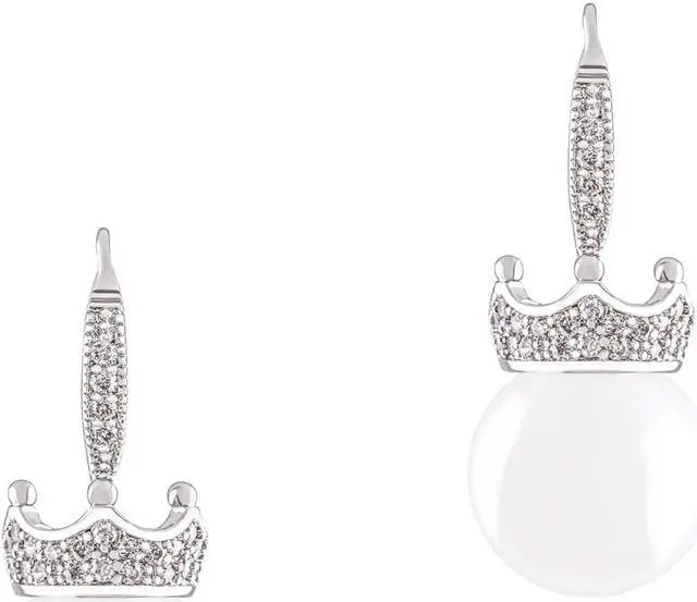 Main image of 18k White Gold Plated White Shell Pearl with Cubic Zirconia Accented Crown Drop Earrings (12-12.5 mm)