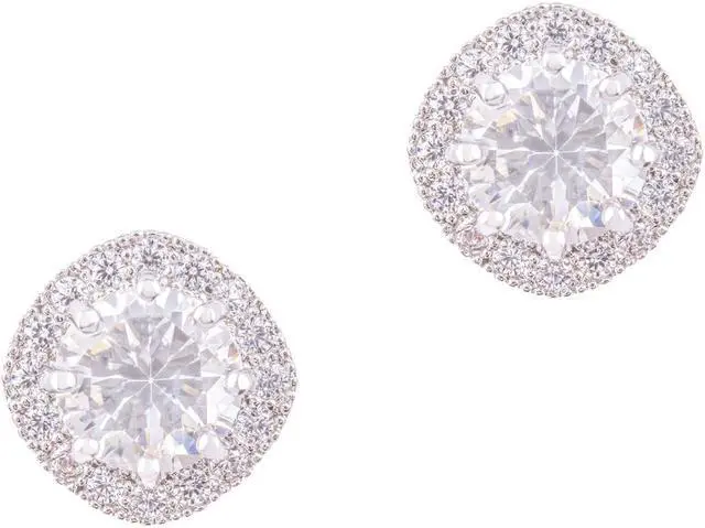 Main image of 18k White Gold Plated Cubic Zirconia Cushion Shape Halo Stud Earrings (1.90 carats) by ORROUS & CO