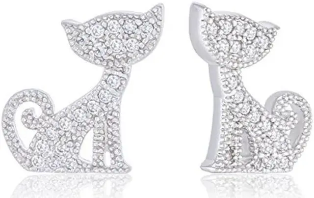 Main image of 18k White Gold Plated Cubic Zirconia Cat Stud Earrings by Orrous & Co