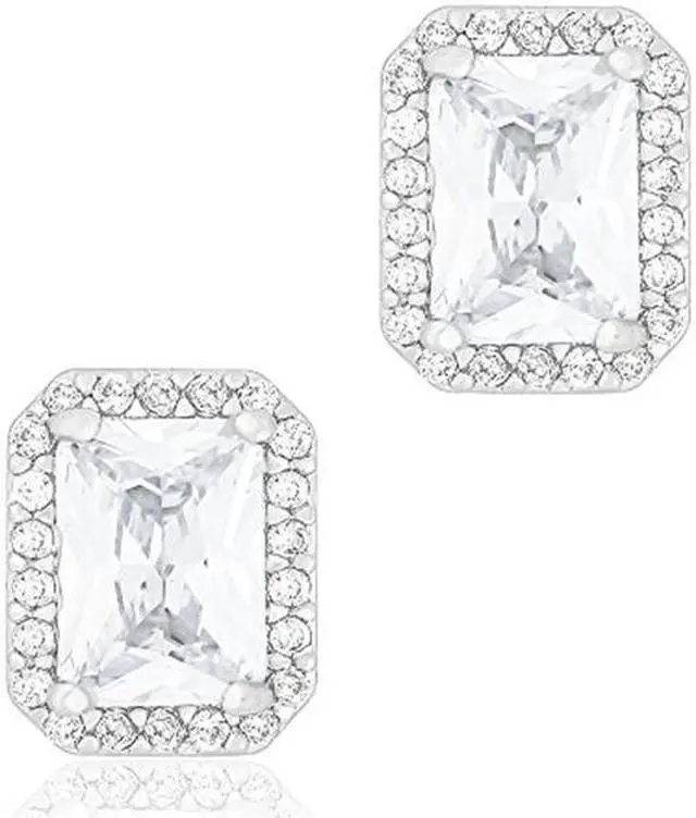 Main image of 18k White Gold Plated Cubic Zirconia Emerald Cut Halo Stud Earrings (1.65 carats) by ORROUS & CO