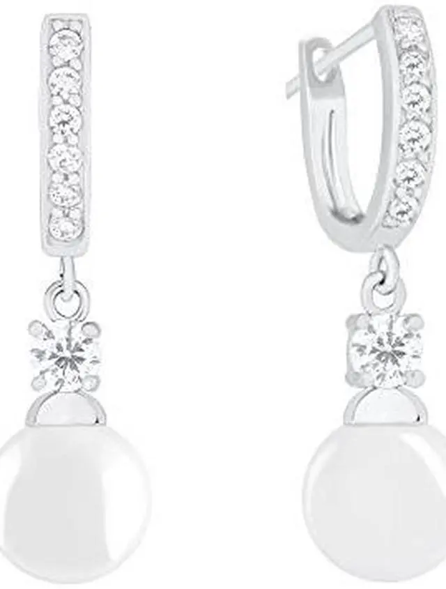 Main image of 18k Gold Plated Round Simulated Shell Pearl with Cubic Zirconia Accent Drop Earrings (9-9.5 mm)