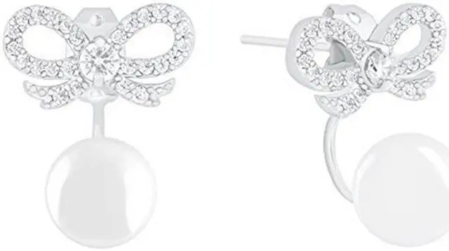 Main image of 18k Gold Plated Robin Egg Blue Round Simulated Shell Pearl with Cubic Zirconia Bow Stud Earrings (8-8.5 mm)