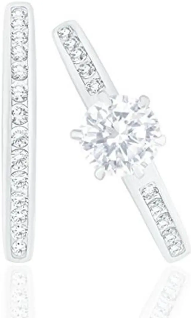 Main image of 18k White Gold Plated Cubic Zirconia Round Solitaire Ring with Round-Cut Side Stones and Round-Cut Wedding Engagement Band Ring Set (1.45 carats)