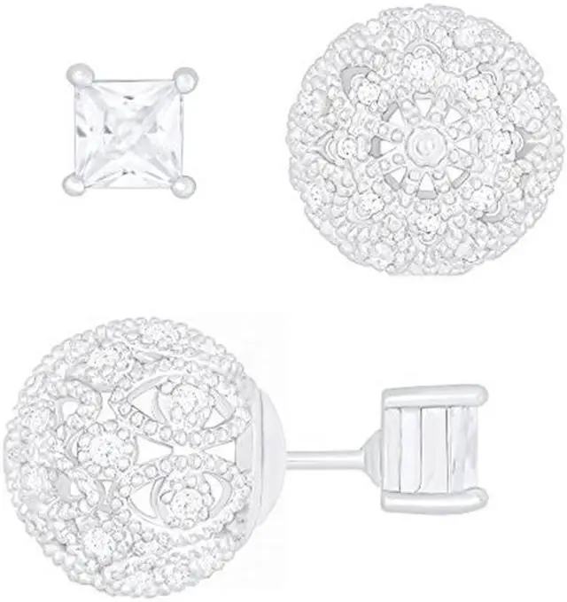 Alt view image 2 of 4 - 18k White Gold Plated Cubic Zirconia Princess Cut Solitaire Reversible Ball Stud Earrings (0.50 carats)