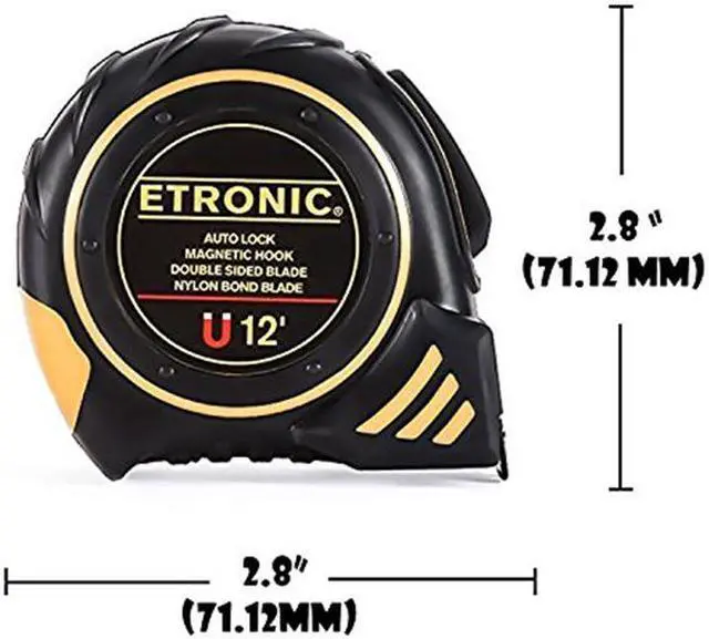 Main image of Etronic 12-Foot-by-5/8-Inch Tape Measure (Auto Lock, Magnetic Hook, Double Sided Blade, Nylon Bond Blade)