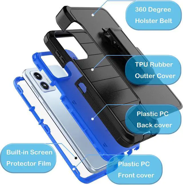 Alt view image 7 of 7 - Tekcoo Case For Motorola Moto G 5G | 2023 Only | XT2313 with [Built-in Screen Protector] Secure Holster Locking Belt Clip [Military Grade 12FT Drop Tested] Full Body Carrying Kickstand Cover [Blue]