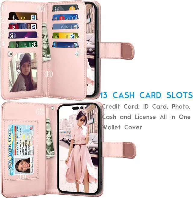 Alt view image 2 of 6 - Tekcoo Wallet Case Compatible with iPhone 15 Plus (6.8 inch) 2023 Luxury ID Cash Credit Card Slots Holder Carrying Pouch Folio Flip PU Leather Cover [Detachable Magnetic Hard Case] Strap [Rose Gold]