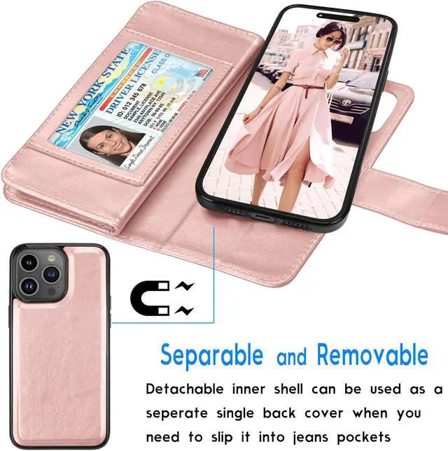 Alt view image 3 of 6 - Tekcoo Wallet Case Compatible with iPhone 15 Plus (6.8 inch) 2023 Luxury ID Cash Credit Card Slots Holder Carrying Pouch Folio Flip PU Leather Cover [Detachable Magnetic Hard Case] Strap [Rose Gold]