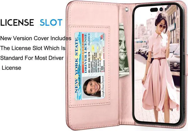 Alt view image 5 of 6 - Tekcoo Wallet Case Compatible with iPhone 15 Plus (6.8 inch) 2023 Luxury ID Cash Credit Card Slots Holder Carrying Pouch Folio Flip PU Leather Cover [Detachable Magnetic Hard Case] Strap [Rose Gold]
