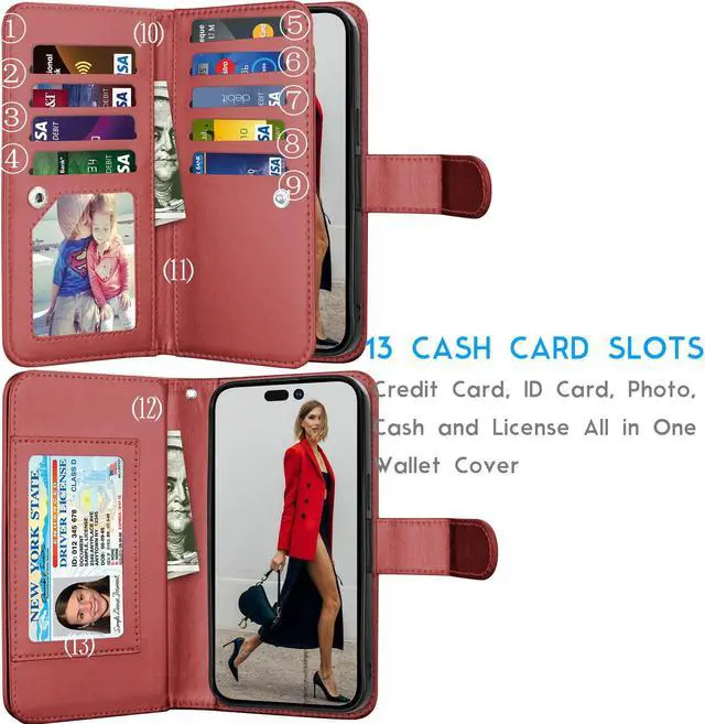 Alt view image 2 of 6 - Tekcoo Wallet Case Compatible with iPhone 15 Plus (6.8 inch) 2023 Luxury ID Cash Credit Card Slots Holder Carrying Pouch Folio Flip PU Leather Cover [Detachable Magnetic Hard Case] with Strap [Red]