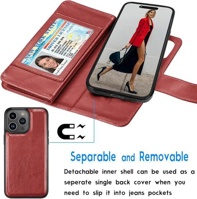 Alt view image 3 of 6 - Tekcoo Wallet Case Compatible with iPhone 15 Plus (6.8 inch) 2023 Luxury ID Cash Credit Card Slots Holder Carrying Pouch Folio Flip PU Leather Cover [Detachable Magnetic Hard Case] with Strap [Red]