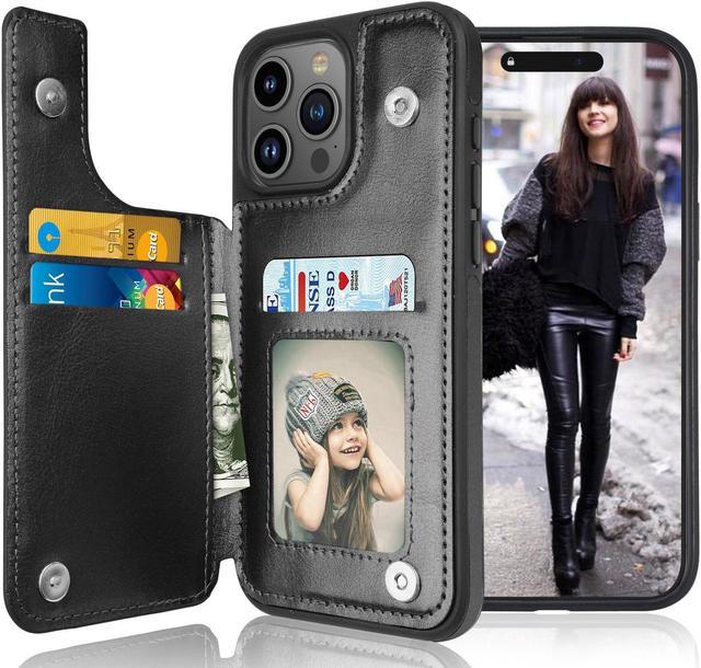 Premium Leather Folio Wallet Case for iPhone 15 Pro Max - Black