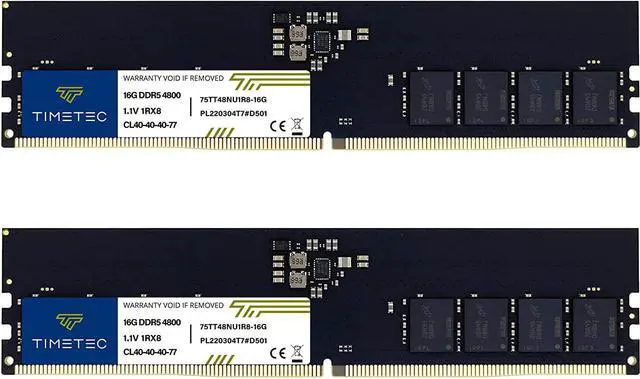 Main image of Timetec 32GB KIT(2x16GB) DDR5 4800MHz PC5-38400 Unbuffered Non-ECC 1.1V CL40 1Rx8 Single Rank 288 Pin UDIMM Desktop Memory RAM Module Upgrade (32GB KIT(2x16GB))