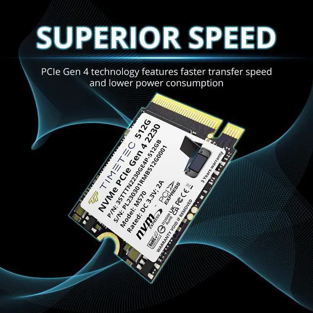 Alt view image 6 of 7 - Timetec 512GB M.2 2230 SSD NVMe PCIe Gen 4x4 Read Up to 4,800 MB/s Compatible with Steam Deck, ASUS ROG Ally, Microsoft Surface pro 9/ pro 8/pro 7+/pro X/laptop3/laptop4/laptop go/book3, Mini PCs