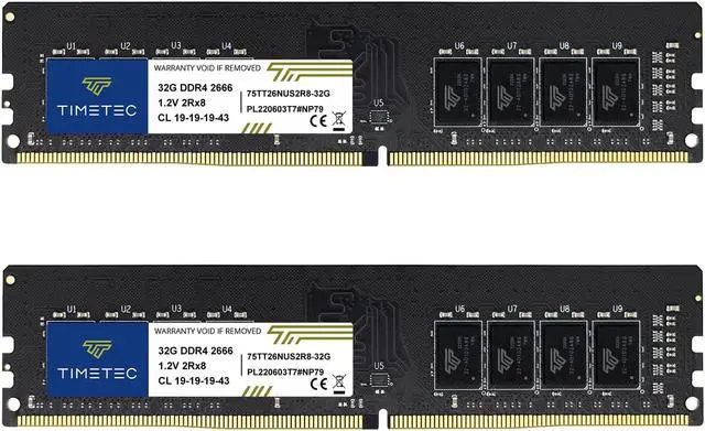 Main image of Timetec 64GB KIT(2x32GB) DDR4 2666MHz PC4-21300 Non-ECC Unbuffered 1.2V CL19 2Rx8 Dual Rank 288 Pin UDIMM Desktop PC Computer Memory RAM Module Upgrade (64GB KIT(2x32GB))