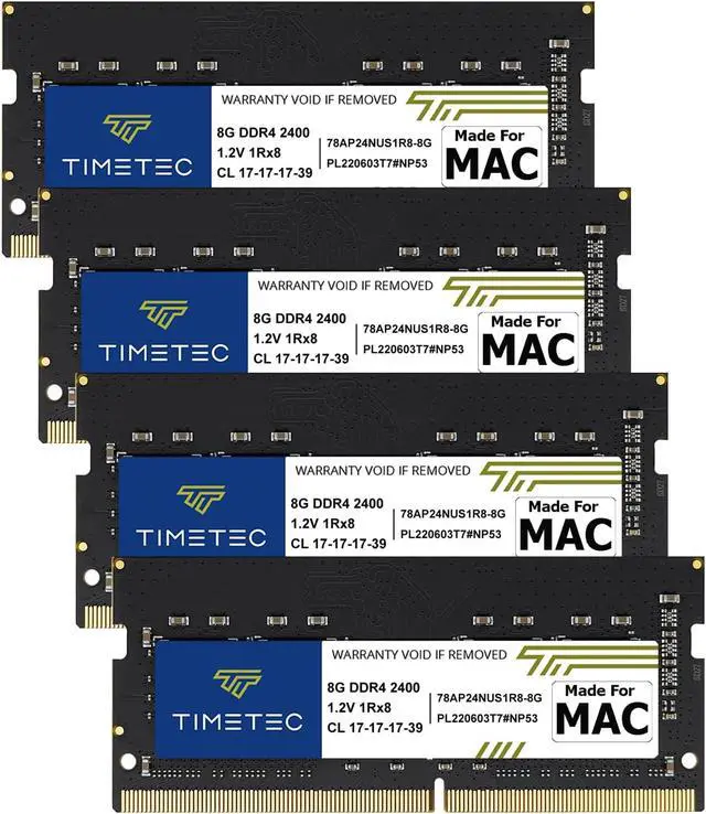 Main image of Timetec 32GB KIT (4x8GB) Compatible for Apple 2017 iMac (27-inch w/Retina 5K Display) DDR4 2400MHz PC4-19200 1Rx8 CL17 1.2V Non-ECC Non-Parity Unbuffered SODIMM Memory MAC RAM Upgrade for iMac 18,3