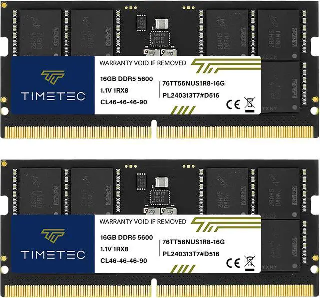 Main image of Timetec 32GB KIT(2x16GB) DDR5 5600MHz PC5-44800 Unbuffered Non-ECC 1.1V CL40 1Rx8 Single Rank 262 Pin SODIMM Laptop Memory RAM Module Upgrade