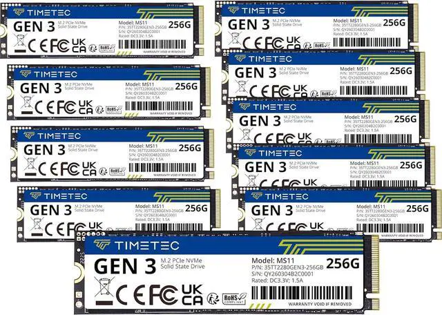 Main image of Timetec 256GBx10 (10 Pack) SSD NVMe PCIe Gen3x4 8Gb/s M.2 2280 3D NAND TLC 150TBW SLC Cache Read/Write Speed Up to 2,100/1,600 MB/s Internal Solid State Drive for PC Laptop and Desktop