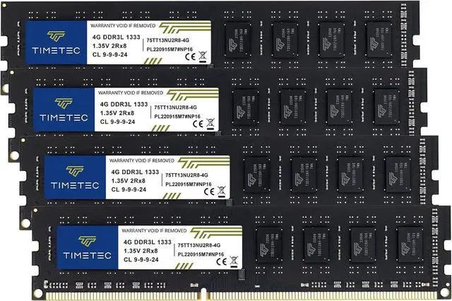 Main image of Timetec 16GB KIT(4x4GB) DDR3 / DDR3L 1333MHz PC3-10600 Non-ECC Unbuffered 1.5V / 1.35V CL9 2Rx8 Low Density Dual Rank 240 Pin UDIMM Desktop PC Computer Memory RAM Module Upgrade (16GB KIT(4x4GB))