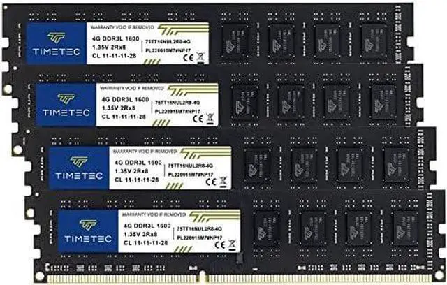 Main image of Timetec 16GB KIT(4x4GB) DDR3L / DDR3 1600MHz PC3L-12800 / PC3-12800 Non-ECC Unbuffered 1.35V / 1.5V CL11 2Rx8 Dual Rank 240 Pin UDIMM Desktop PC Computer Memory RAM Module Upgrade (16GB KIT(4x4GB))