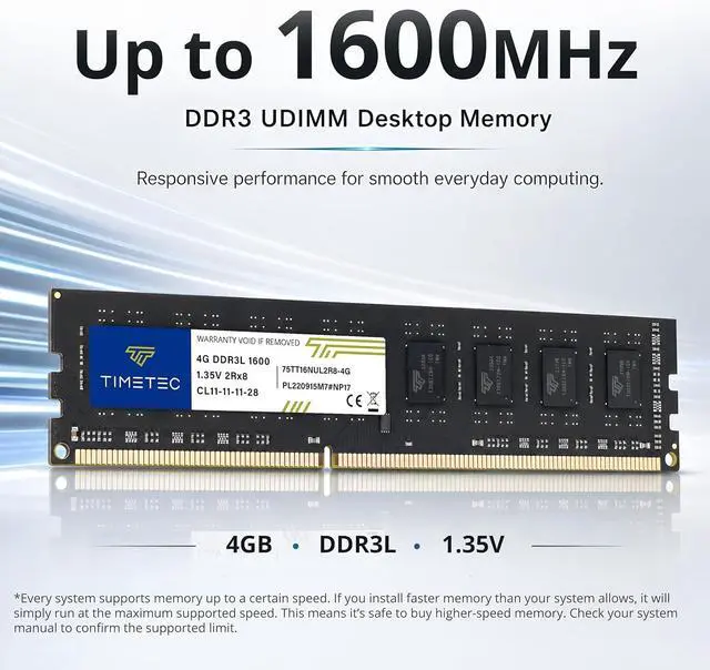 Alt view image 2 of 7 - Timetec 16GB KIT(4x4GB) DDR3L / DDR3 1600MHz PC3L-12800 / PC3-12800 Non-ECC Unbuffered 1.35V / 1.5V CL11 2Rx8 Dual Rank 240 Pin UDIMM Desktop PC Computer Memory RAM Module Upgrade (16GB KIT(4x4GB))