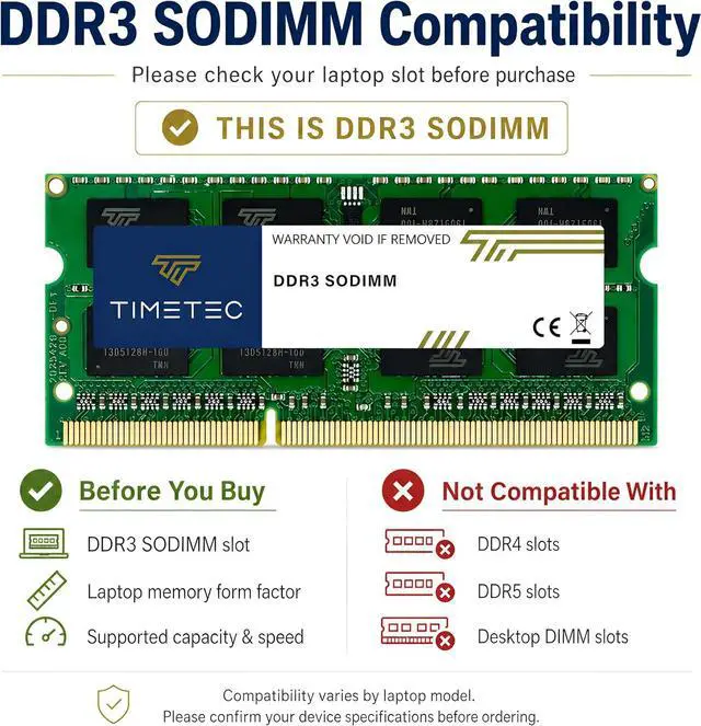 Alt view image 4 of 7 - Timetec 4GB DDR3L / DDR3 1600MHz PC3L-12800 / PC3-12800 Non-ECC Unbuffered 1.35V / 1.5V CL11 2Rx8 Dual Rank 204 Pin SODIMM Laptop Notebook PC Computer Memory RAM Module Upgrade (4GB)