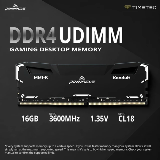 Alt view image 2 of 7 - Timetec Pinnacle Konduit 16GB DDR4 3600MHz PC4-28800 CL18-22-22-42 XMP2.0 Overclocking 1.35V Dual Rank Compatible for AMD and Intel Desktop Gaming PC Memory Module - Black