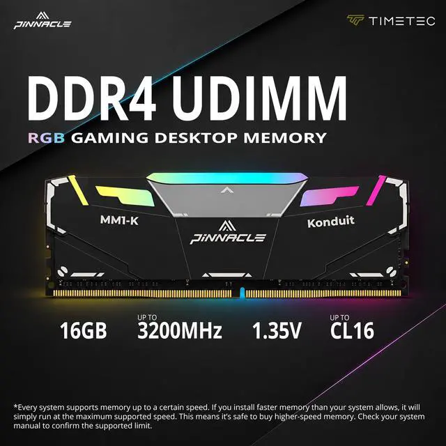 Alt view image 2 of 7 - Timetec Pinnacle Konduit RGB 64GB KIT(4x16GB) DDR4 3200MHz PC4-25600 CL16-20-20-40 1.35V Dual Rank Compatible for AMD and Intel Desktop Gaming PC Memory Module - Black