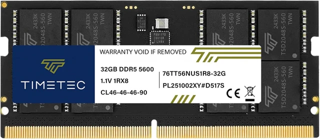 Main image of Timetec 32GB DDR5 5600MHz PC5-44800 Unbuffered Non-ECC 1.1V CL46 1Rx8 Single Rank 262Pin SODIMM Laptop Memory RAM Module Upgrade