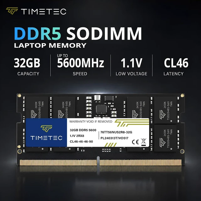 Alt view image 2 of 7 - Timetec 32GB DDR5 5600MHz PC5-44800 Unbuffered Non-ECC 1.1V CL46 1Rx8 Single Rank 262Pin SODIMM Laptop Memory RAM Module Upgrade