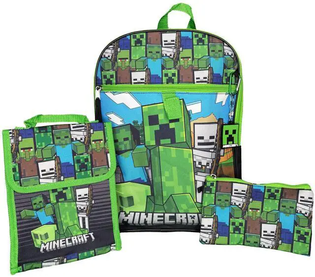 Main image of Minecraft Kids School Backpack 16" 5PC Lunch Kit, Keychain, Metal Carabiner, Batman keychain, and utility case