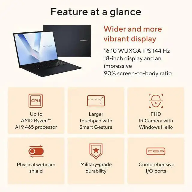 Alt view image 18 of 20 - Asus VivoBook 18 M1807 M1807GA-DS99 18" Copilot+ PC Notebook - WUXGA - 144 Hz - AMD Ryzen AI 9 465 - 32 GB - 1 TB SSD - Quiet Blue - AMD Chip - 1920 x 1200 - Windows 11 Home - AMD - In-plane Swit