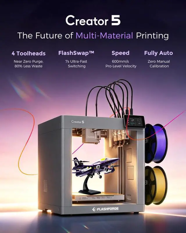 Alt view image 2 of 7 - Flashforge Creator 5 4-Toolheads Multi-Color 3D Printer | 500% Faster, Zero Purge Waste