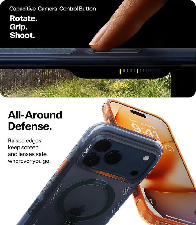 Alt view image 7 of 7 - TORRAS Ostand Q3 Air for iPhone 17 Pro Case 6.3'' with Stronger Magnetic Stand, Fit for Magsafe, Midnight Blue