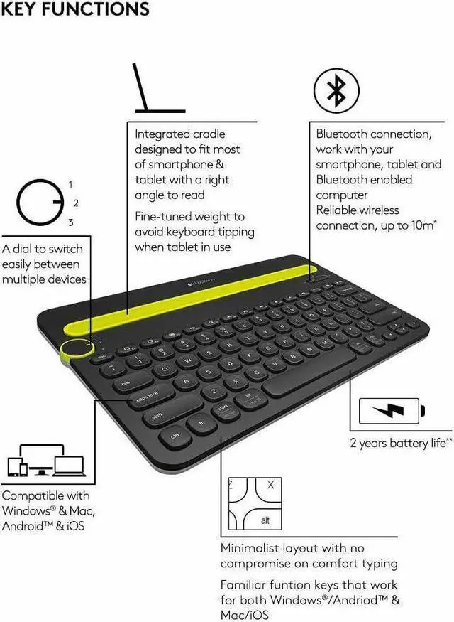 Alt view image 7 of 7 - Logitech K480 Universal Bluetooth Mini Multi-Device Wireless Keyboard for Computers / Mac / Tablets / Smart Phone, Black