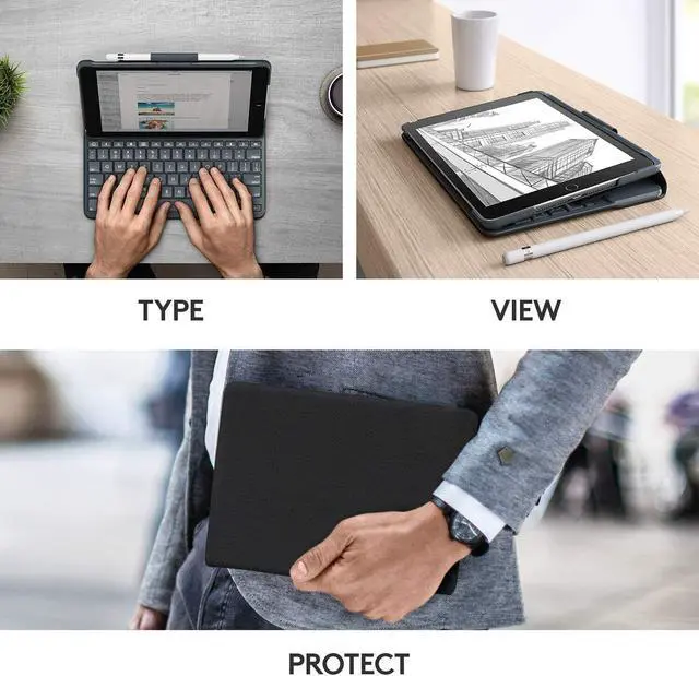 Alt view image 12 of 20 - Logitech 9.7" Slim Folio with Integrated Bluetooth Keyboard Case for Apple iPad 5th and 6th Gen 920-009017, Black