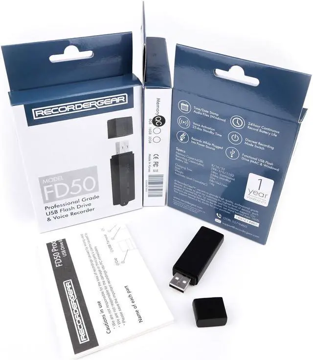 Main image of RecorderGear FD50 USB Flash Drive Voice Recorder 8GB, Audio Activated With 25-Day Battery, Time/Date Stamp, Records While Plugged In, Dual Recording Mode Switch