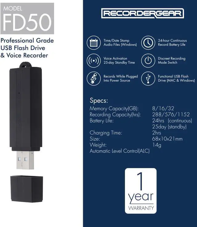 Alt view image 2 of 8 - RecorderGear FD50 USB Flash Drive Voice Recorder 8GB, Audio Activated With 25-Day Battery, Time/Date Stamp, Records While Plugged In, Dual Recording Mode Switch