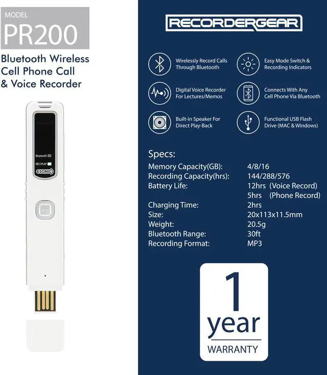 Alt view image 2 of 18 - RecorderGear PR200 Bluetooth Cell Phone Call Recording Device, iPhone & Android Mobile Recorder, Record Voice/Meetings/Memos