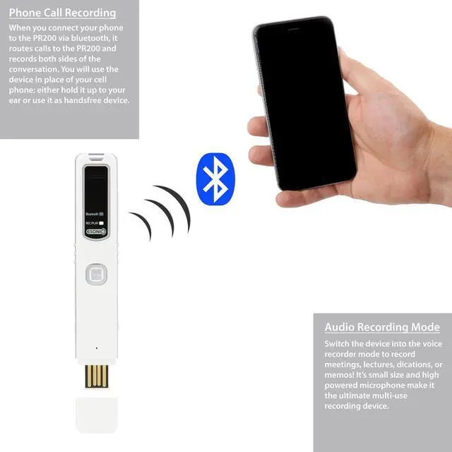 Alt view image 3 of 18 - RecorderGear PR200 Bluetooth Cell Phone Call Recording Device, iPhone & Android Mobile Recorder, Record Voice/Meetings/Memos