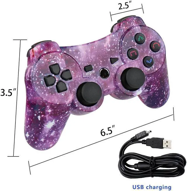 Alt view image 2 of 5 - PS3 Controller Wireless 2 Pack Gamepad for PlayStation 3 Bluetooth Game Controller Remote Control Support PS3 with USB Cable (Lightning Blue+Galaxy)