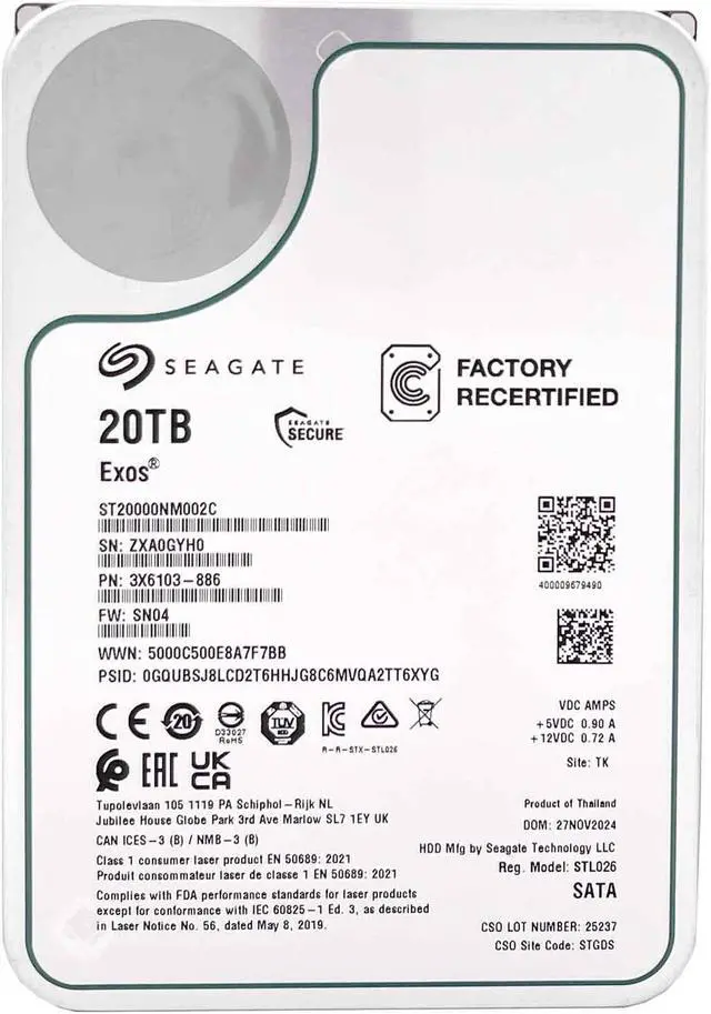 Main image of Seagate Exos ST20000NM002C 20TB 7200RPM SATA 6Gb/s 256MB Cache CMR 3.5-Inch Enterprise Hard Drive