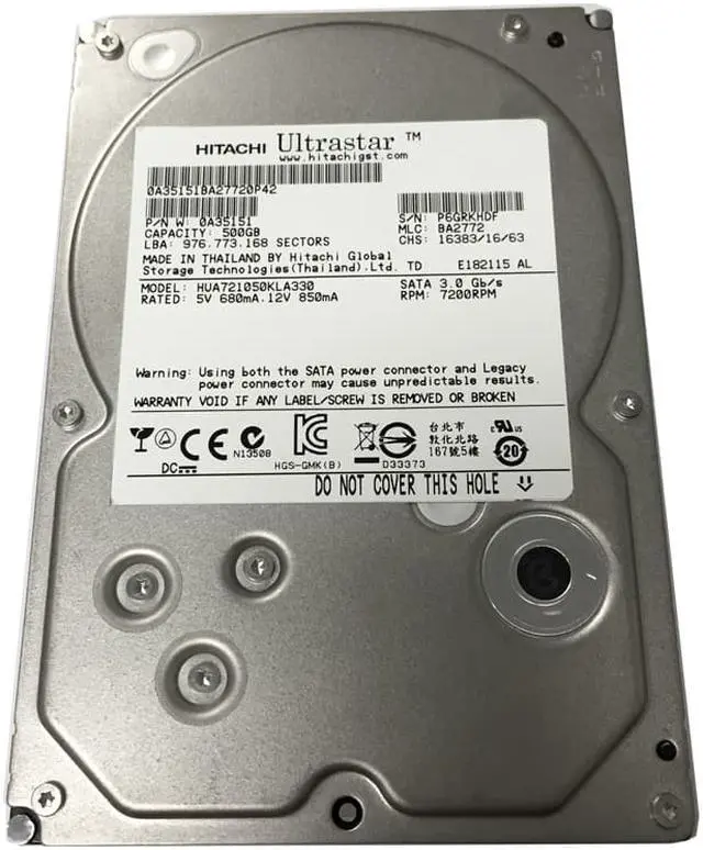 Alt view image 3 of 5 - HITACHI Ultrastar A7K1000 HUA721050KLA330 500GB 7200RPM 32MB Cache SATA 3.0Gb/s 3.5" Hard Drive - OEM w/1 Year Warranty