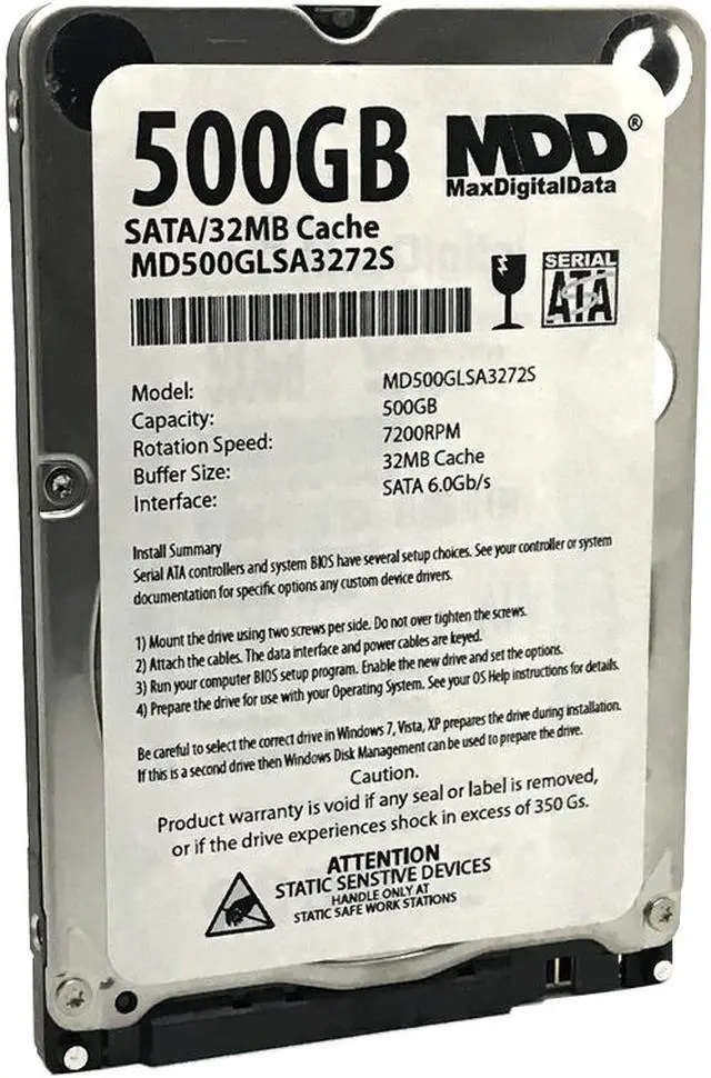 Main image of MaxDigitalData 500GB 32MB Cache 7200RPM SATA 6.0Gb/s (7mm) 2.5" Mobile Performance Hard Drive MD500GLSA3272S - 2 Year Warranty