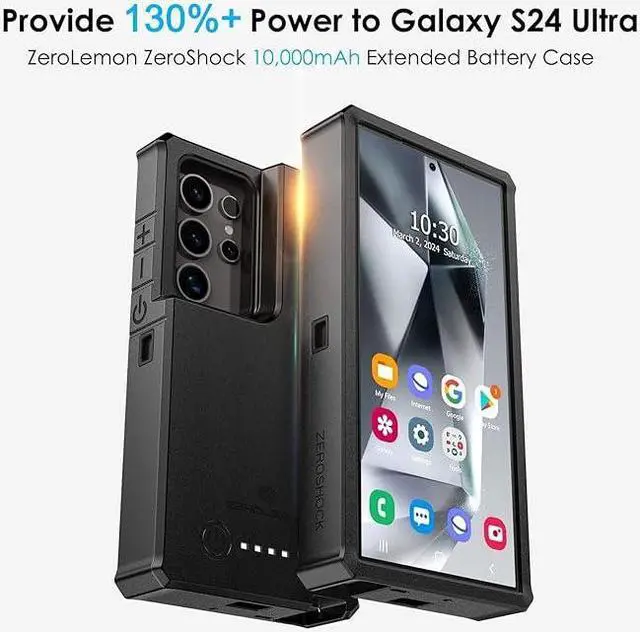 Alt view image 2 of 7 - ZEROLEMON Battery Case for Galaxy S24 Ultra 10000mAh, 18W Fast Phone Charging Power to Galaxy S24 Ultra, ZeroShock Extended Charger Case Cover for The S24 Ultra - Black