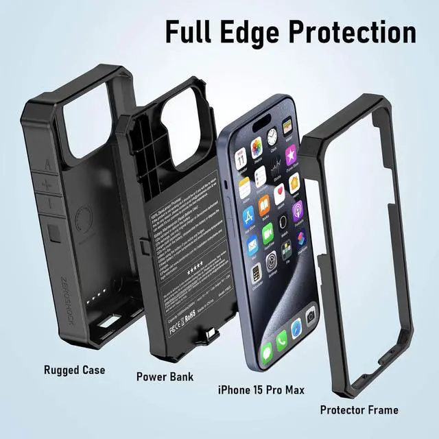 Alt view image 7 of 7 - ZEROLEMON Battery Case for iPhone 15 Pro Max, 10000mAh with 18W Fast Phone Charging Power, RuggedJuicer Extended Battery Charger with Cover for iPhone 15 Pro Max - Black
