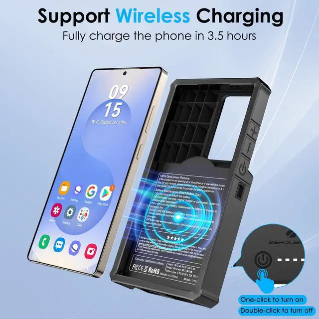Alt view image 3 of 7 - ZEROLEMON Galaxy S25 Ultra Wireless Charging Battery Case 10000mA| Android Auto Supported | 2 Charging Methods |ZeroShock Extended Charger Case Cover for Samsung S25 Ultra