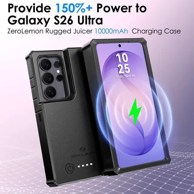 Alt view image 3 of 7 - ZEROLEMON Battery Case for Galaxy S26 Ultra 10000mAh | 18W Charging Power| Full-edge Protection | ZeroShock Extended Charger Case Cover for Samsung S26 Ultra
